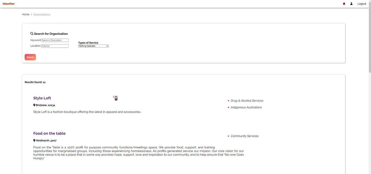 Volunteer Connect — organisation search results